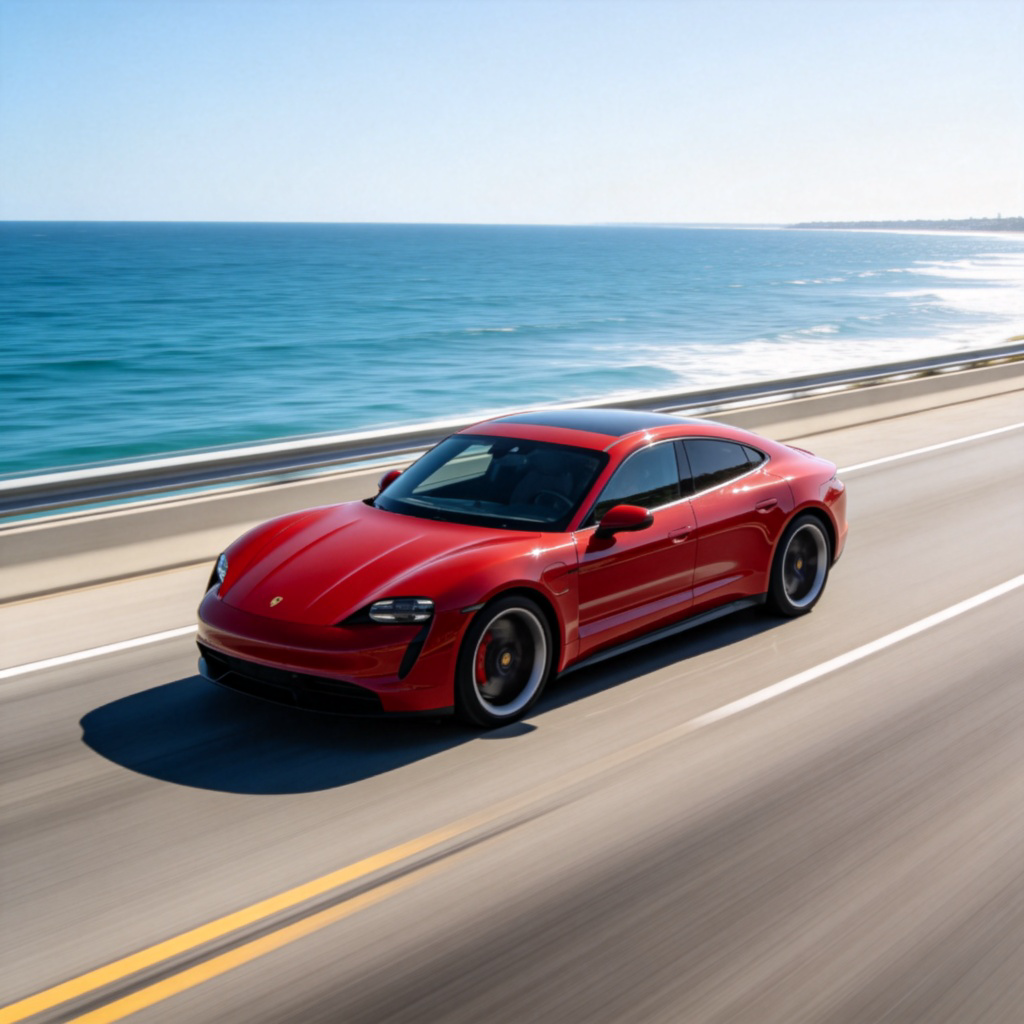 A sleek red car driving fast and smoothly on a wide, empty coastal highway with blue ocean visible on one side. The car is shown from a side angle, capturing a sense of speed and effortless motion. Bright daylight, no text.