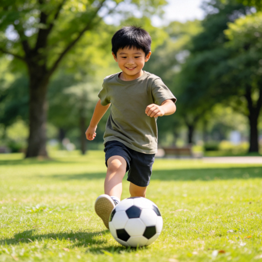 A young Asian boy, about 8 years old, with short black hair, smiling happily as he kicks a soccer ball in a sunny, green park. He is wearing casual t-shirt and shorts. The boy is the clear focus of the image, with a simple background of grass and trees. Realistic photography style, bright natural lighting, no text.
