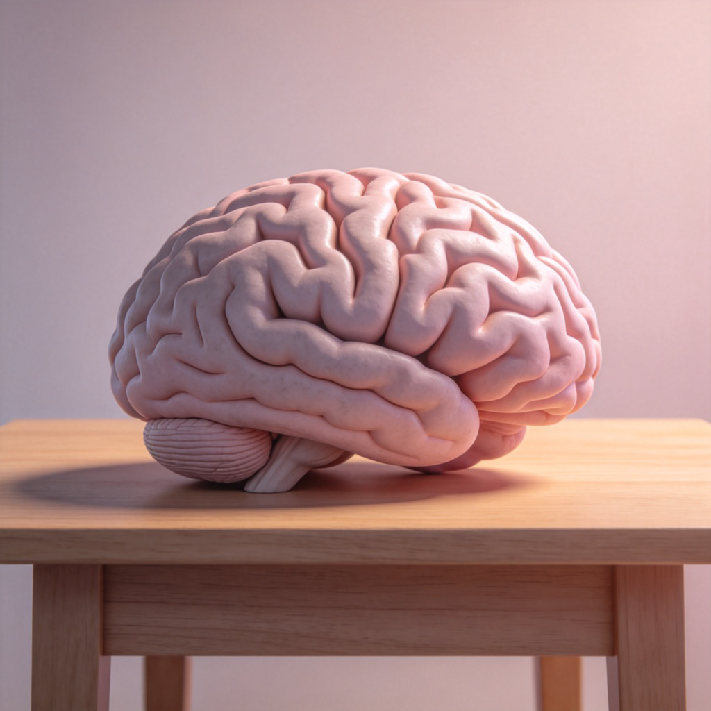 A clear, three-dimensional model of a healthy human brain, shown in a soft pinkish-gray color with visible folds and grooves, resting on a simple wooden table. The brain is the only focus, placed centrally, with soft natural light illuminating its surface. No text, labels, or distracting background.