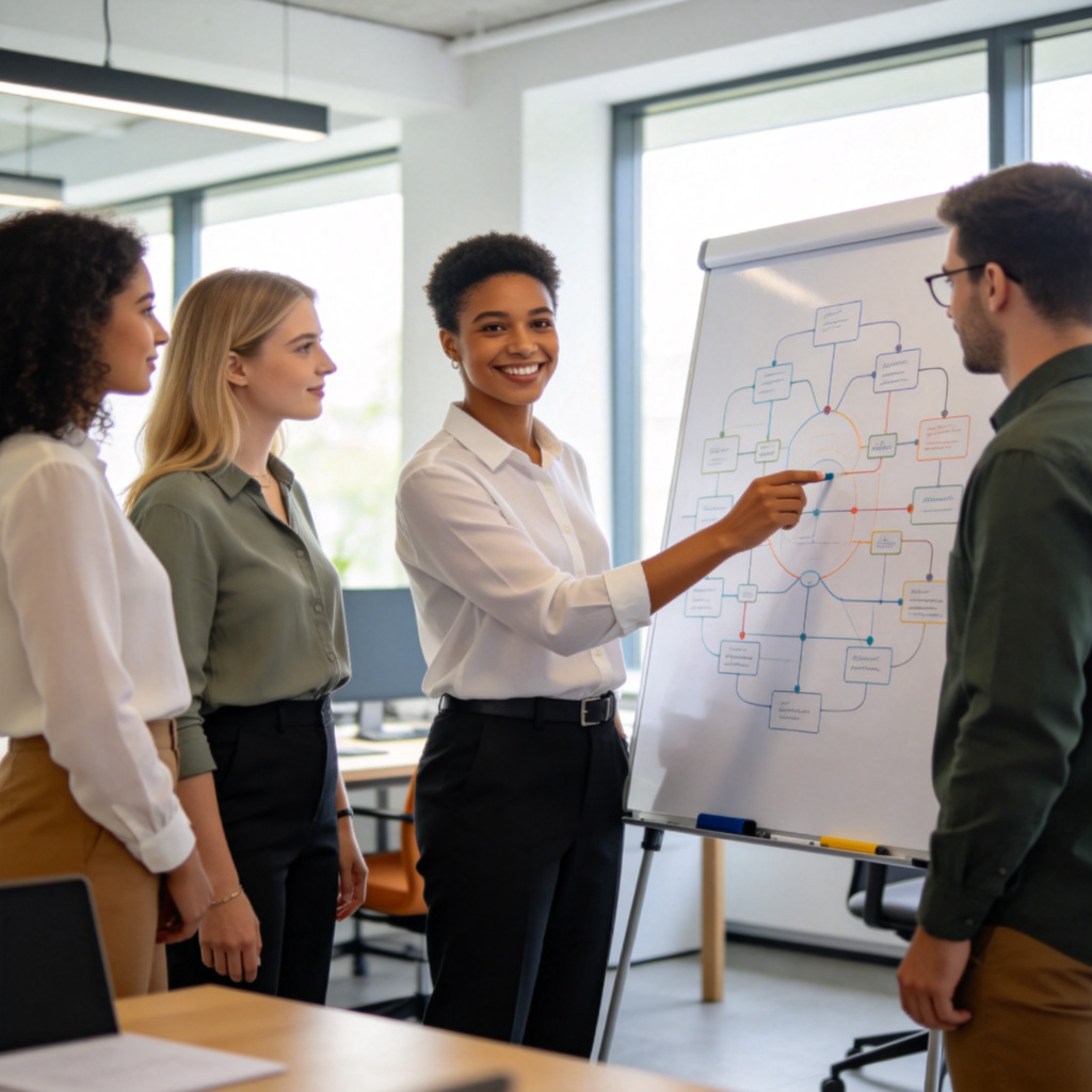 A diverse team of four people, two women and two men, standing around a whiteboard in a modern office. One person, smiling confidently, is pointing to a complex diagram on the board while others look on attentively. The scene suggests collaborative problem-solving and the central person as the 'brain' of the group. Natural lighting, realistic style.