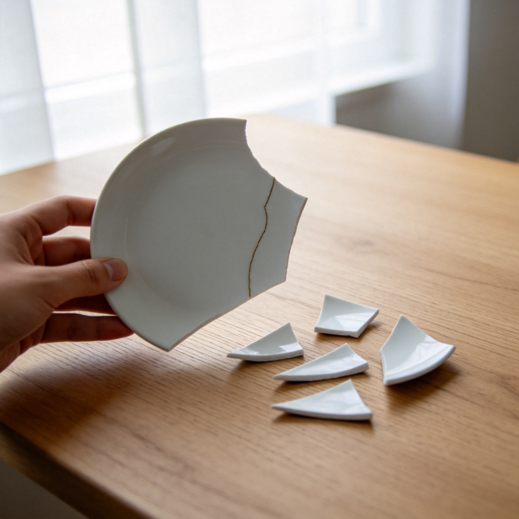 A close-up shot of a person's hand holding a large piece of broken white ceramic plate. Several smaller sharp fragments are visible on a plain wooden table. The focus is on the clean break line and the texture of the ceramic. Natural morning light from a window. No text or logos.