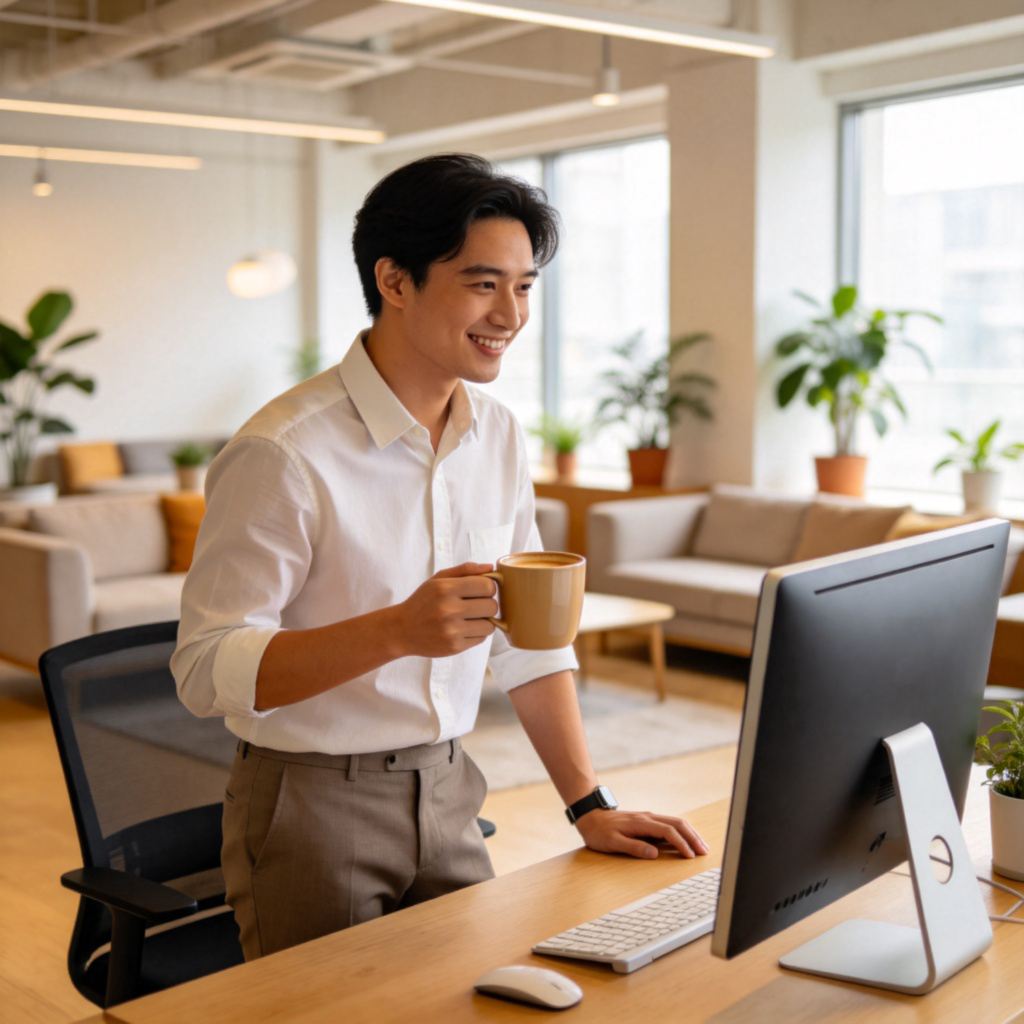 A person in casual office wear smiling, standing up from a desk with a computer, holding a warm mug of coffee. The scene is in a bright, modern office lounge area with comfortable sofas in the background. The feeling is relaxed and rejuvenating. No text.