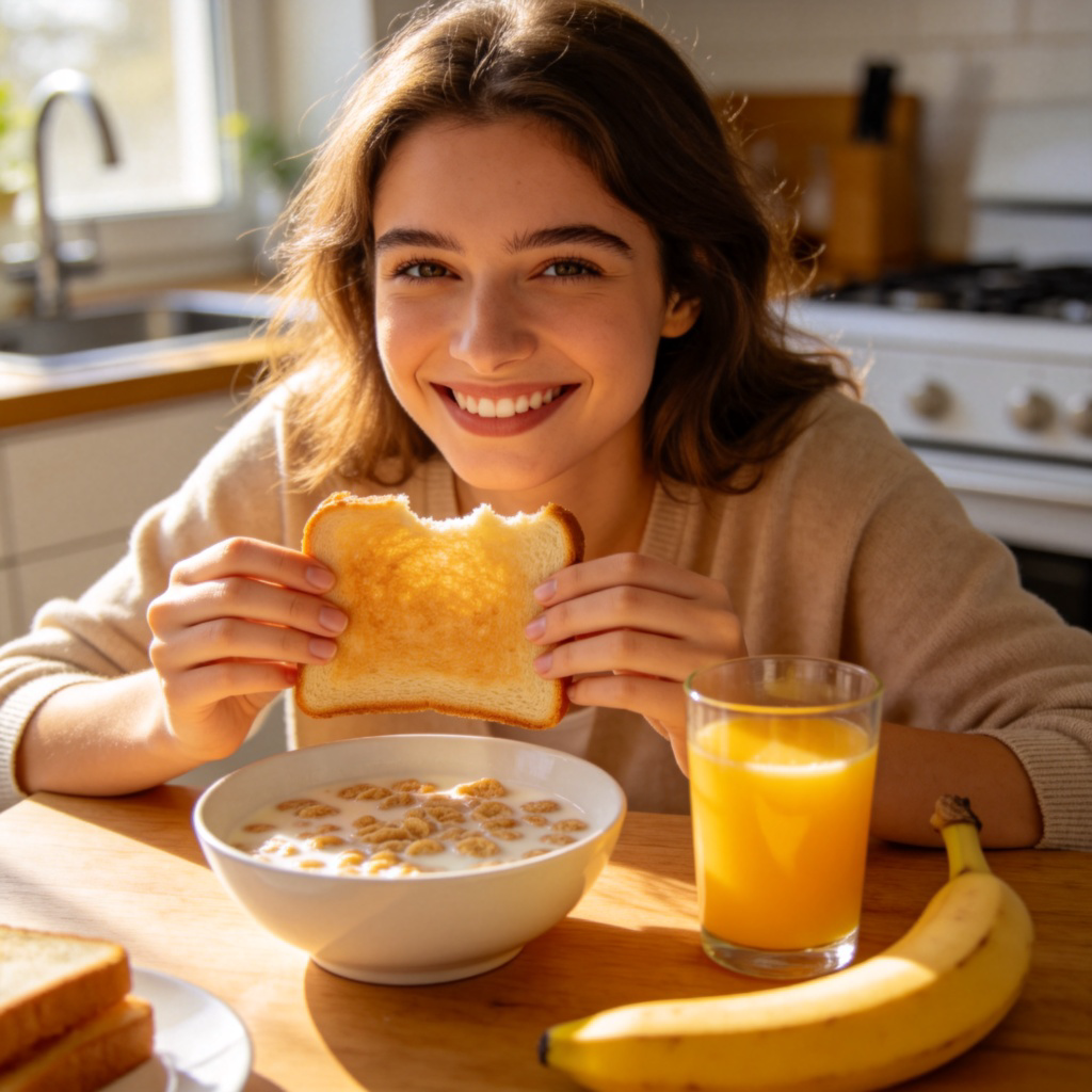 A bright and sunny morning scene in a modern kitchen. A person is sitting at a wooden table, smiling and holding a piece of toast. On the table is a simple breakfast: a bowl of cereal with milk, a glass of orange juice, and a banana. Soft morning light streams in through a window. The focus is on the food and the person's relaxed expression.