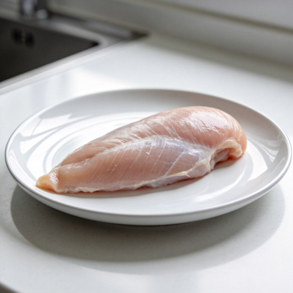 A raw or cooked, skinless chicken breast fillet lying on a white ceramic plate. The meat is moist and looks tender. The plate is on a clean kitchen countertop. Photorealistic style, clear lighting to show texture. No text, no other ingredients distracting.