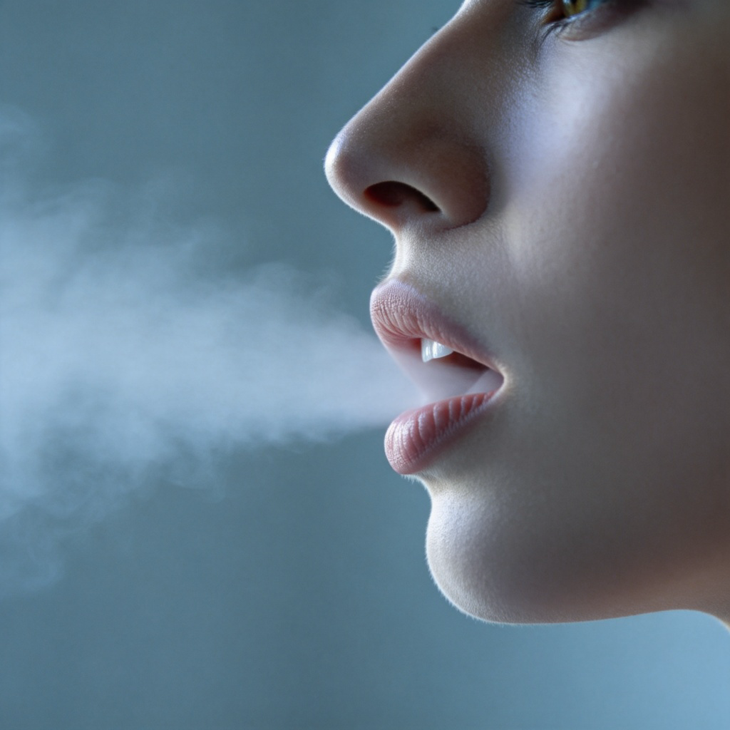 breath 呼吸图解：人物侧脸呼出气息的场景