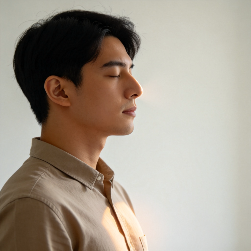 A person in a neutral-colored shirt, seen from the side, with their chest visibly rising as they take a slow, deep breath through their nose. The focus is on the nose and the gentle movement of the chest against a plain, light-colored background. Natural, soft lighting, realistic photo style.