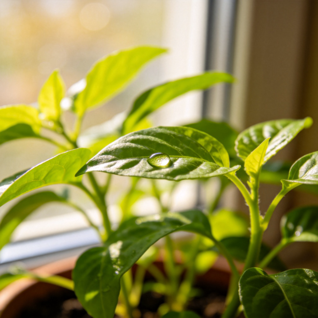 A close-up of a vibrant green plant growing in a sunlit window, with its leaves visibly fresh and full of vitality. A single drop of water is on a leaf, emphasizing life and growth. Warm natural lighting, shallow depth of field focusing on the plant, against a soft blurred background.