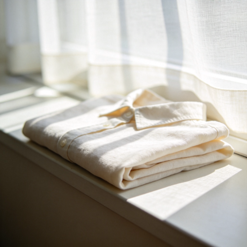 A soft, folded cotton or linen shirt lying on a windowsill, with sunlight streaming through the fabric. A gentle breeze is suggested by a slightly blurred curtain in the background. The focus is on the texture of the fabric, showing it is light and airy. Clean, bright photo style.