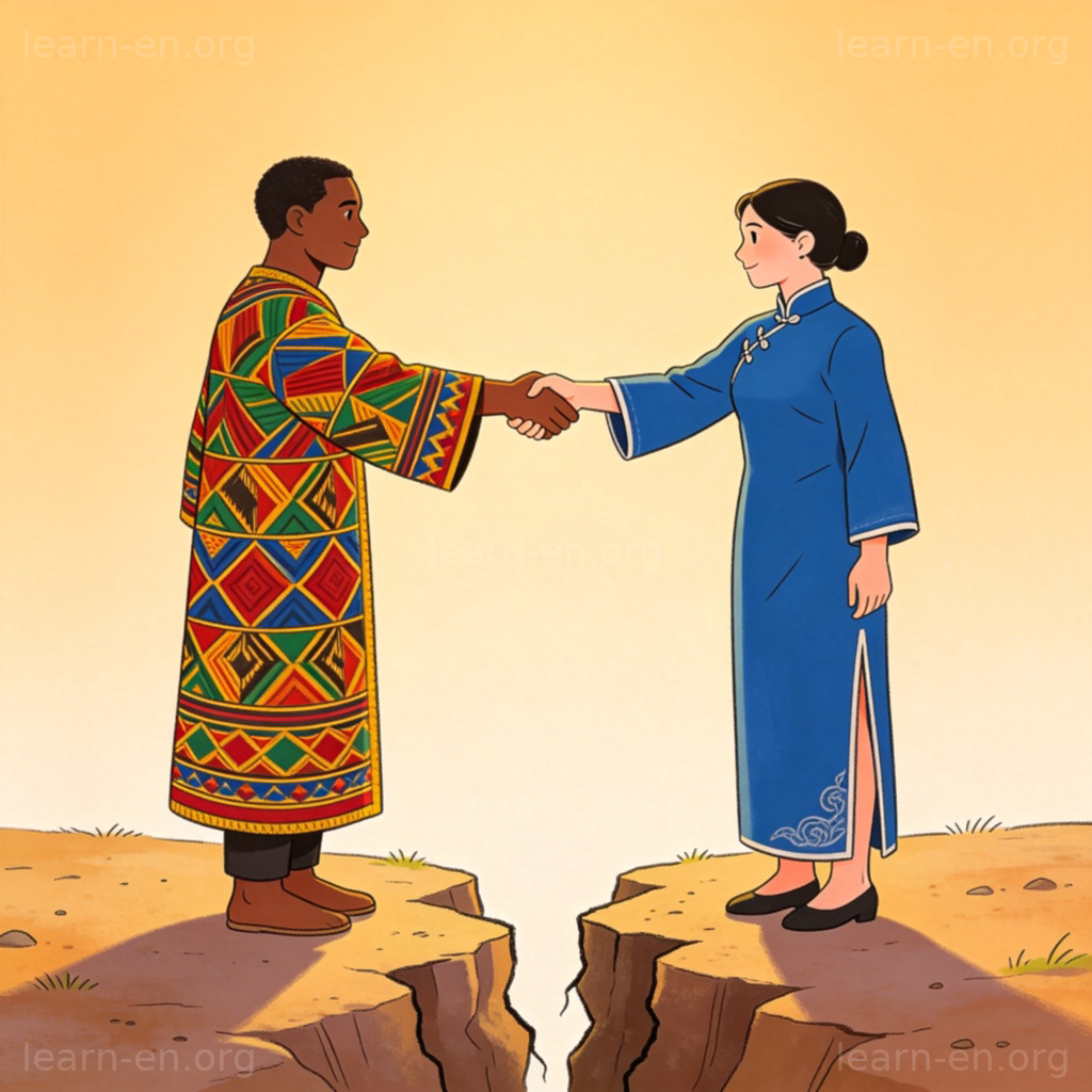 Two people shaking hands over a symbolic gap