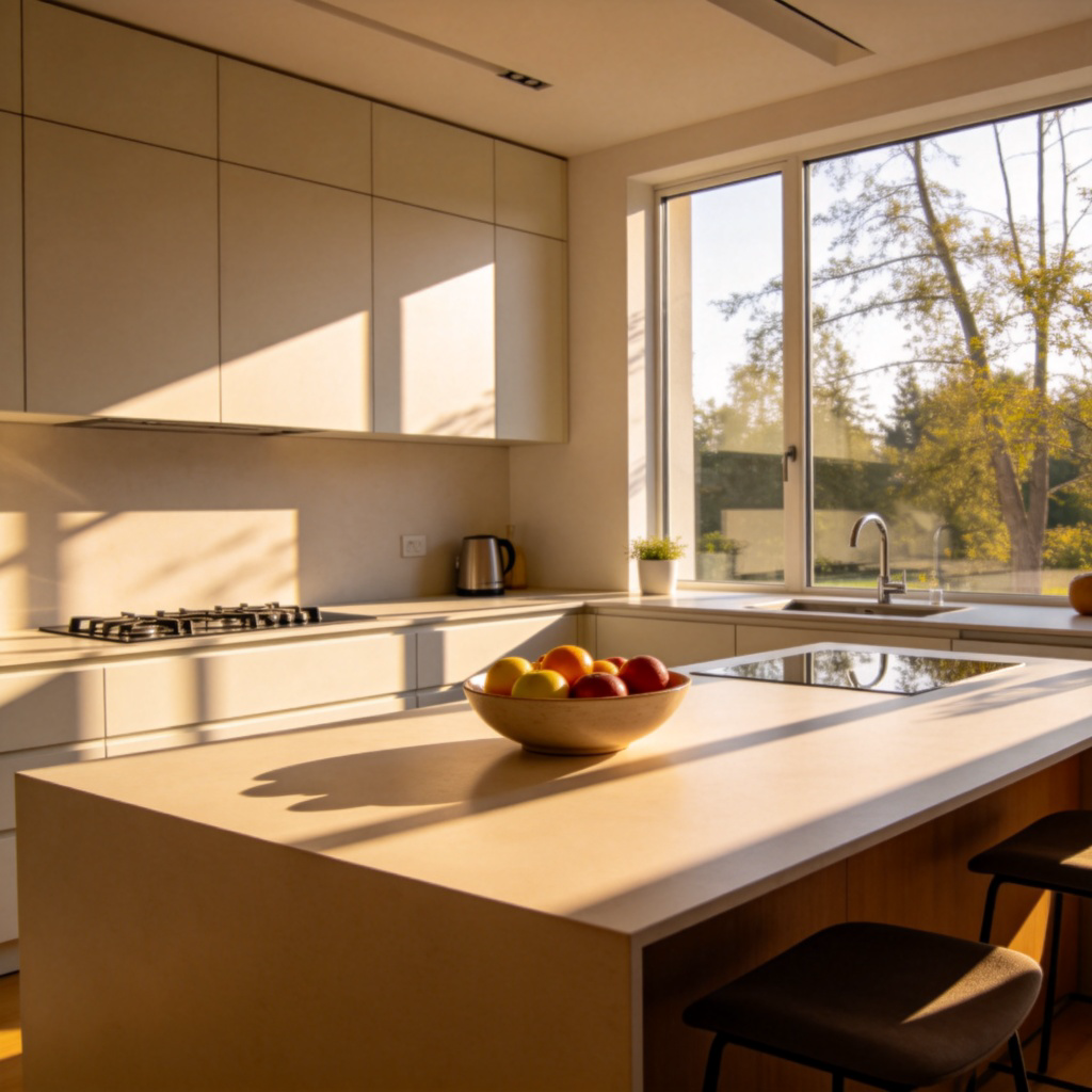 A clean, modern kitchen with large windows. Bright, warm sunlight is streaming in through the windows, creating sharp shadows and illuminating the countertop and a bowl of fruit. The overall feeling is cheerful and well-lit. No text.