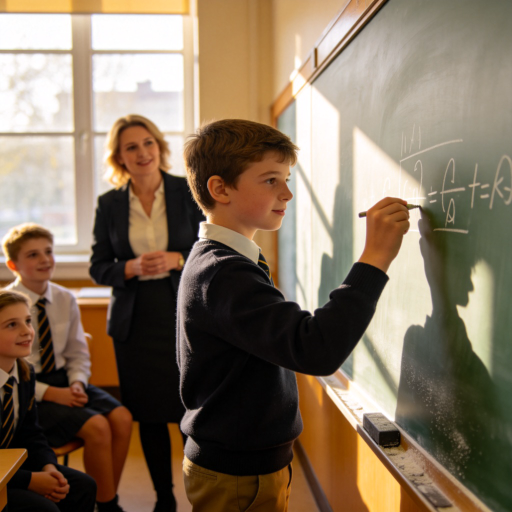 A middle school student stands at a chalkboard in a classroom, confidently writing a complex math equation. A teacher and other students are watching, looking impressed. The student has a focused and intelligent expression. Natural lighting from classroom windows. No text.