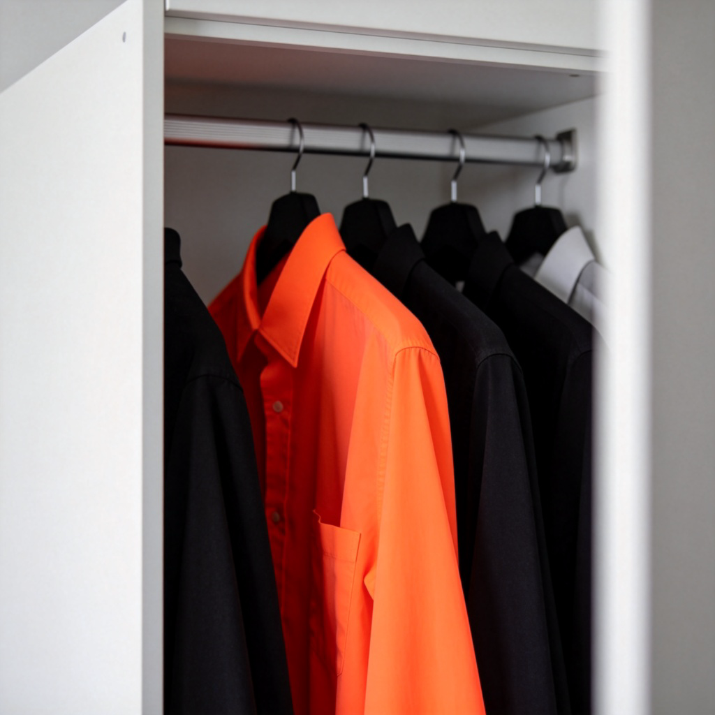 A close-up shot of an open wardrobe. Inside, hanging neatly among other clothes, is a single shirt in a strikingly bright, almost neon, orange color. The rest of the clothes are in neutral colors like white, black, and grey, making the orange shirt stand out vividly. Clean, simple background. No text.