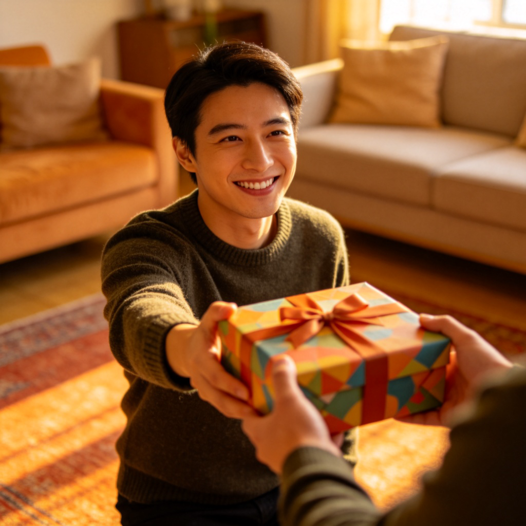 A person smiling, reaching out their hand to receive a colorful gift box that another person is handing to them. They are in a cozy living room. The focus is on the act of giving and receiving the box. Warm lighting, clear and simple composition. No text.