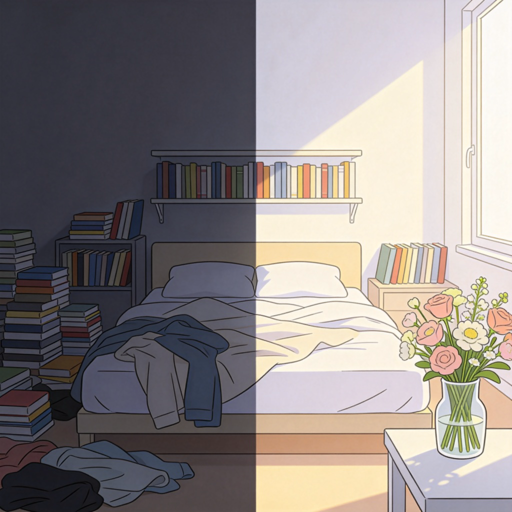A before-and-after split image. Left side shows a dark, messy room. Right side shows the same room now bright, clean, and organized with a vase of fresh flowers on a table. The change illustrates the concept of 'bringing' improvement. Clean, illustrative style. No text.