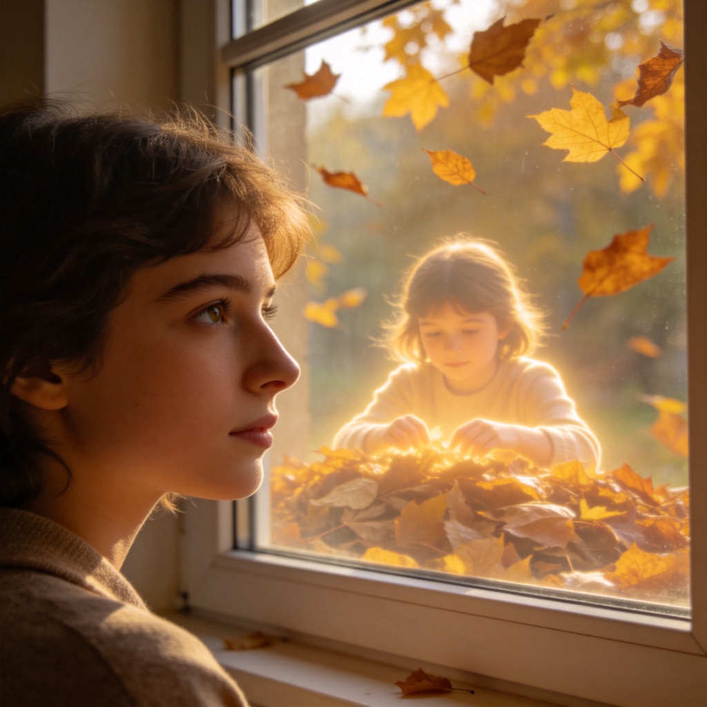 A person looking thoughtfully out a window at falling autumn leaves. Superimposed over the window, like a faint memory, is a glowing image of them as a child playing in a pile of leaves. The style is photorealistic with a soft, dreamy overlay for the memory. No text.