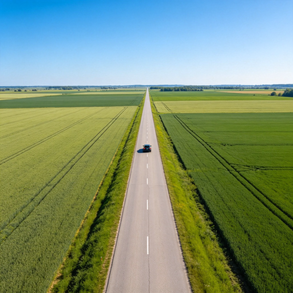 A wide, paved country road under a clear blue sky, stretching straight into the distance between green fields. The road is much wider than a normal path, with a car seen from a high angle for scale. No text.