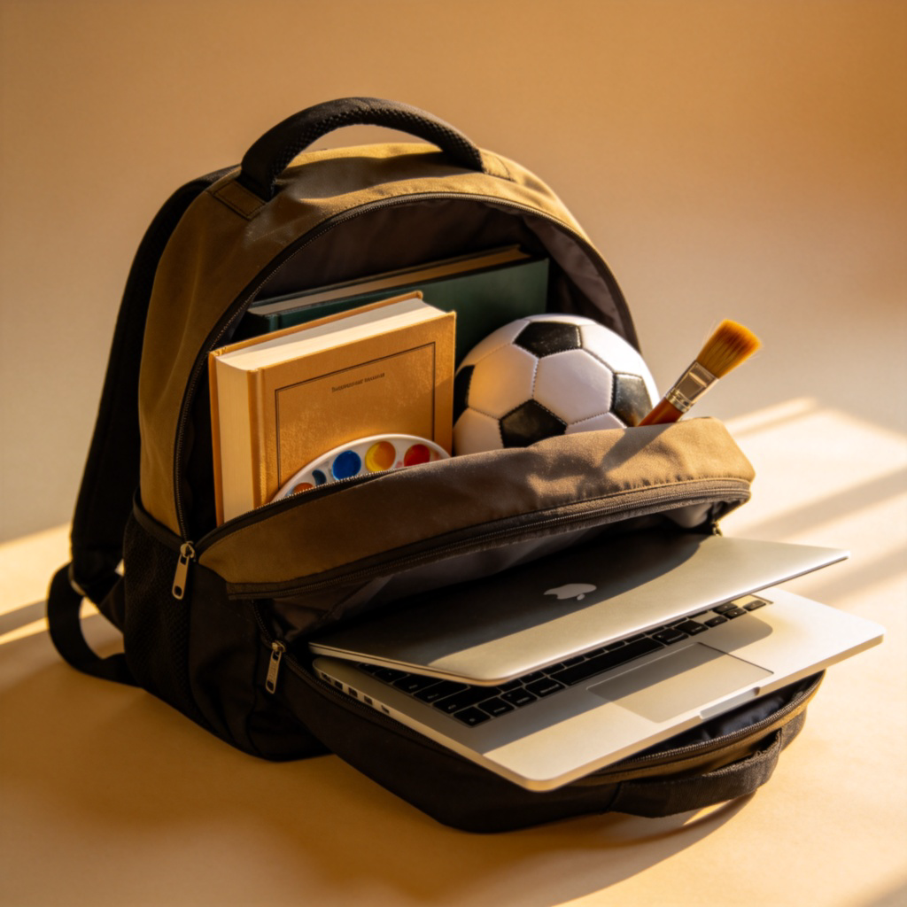 A person's open backpack showing various items inside: a textbook, a soccer ball, a paintbrush, and a laptop. The items represent a wide variety of interests and activities. Plain background, natural light. No text.