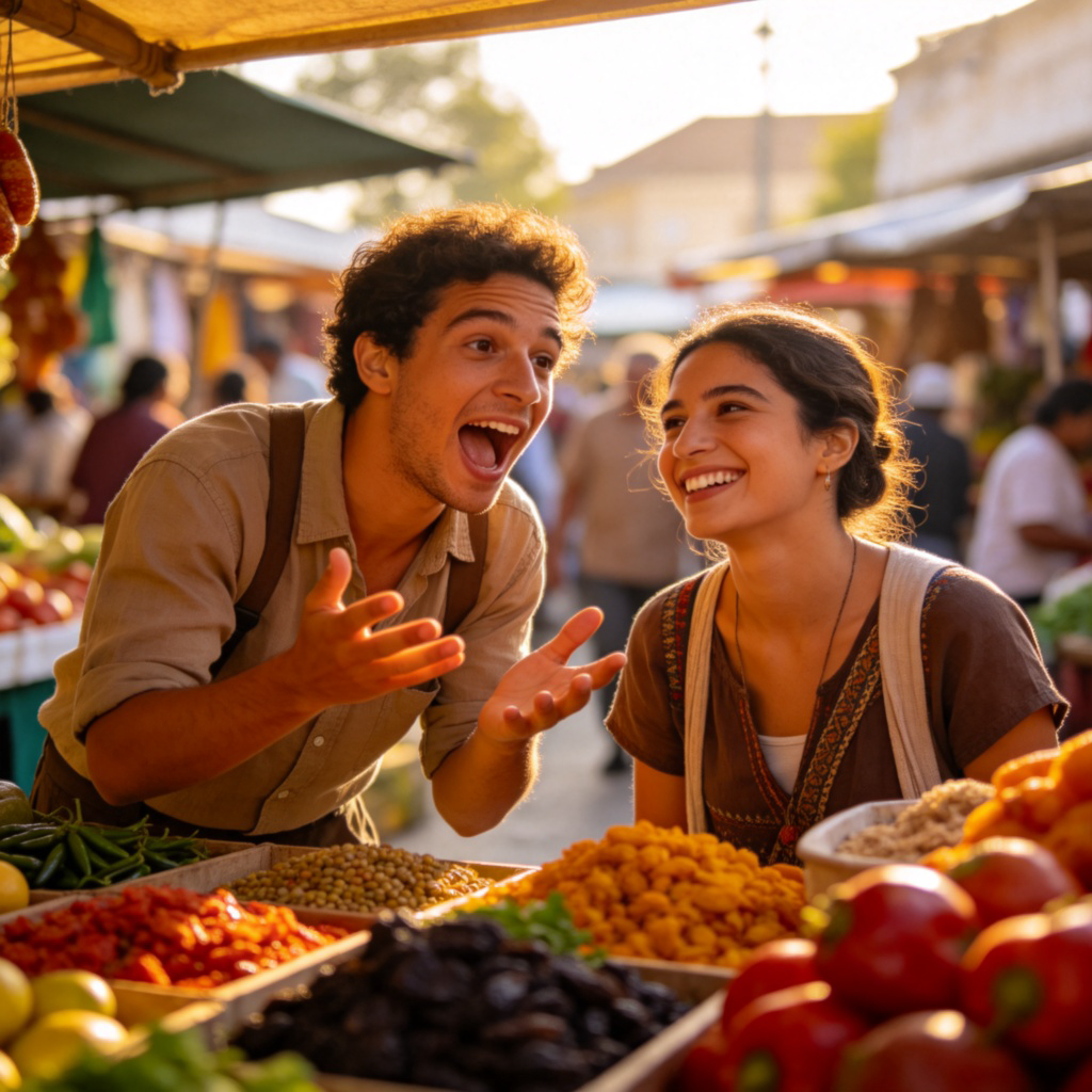 Two people are happily chatting at an outdoor market stall. One person is speaking, and their expression suggests a distinctive way of speaking. The scene is lively and focuses on the friendly exchange between people from a specific region. No text.