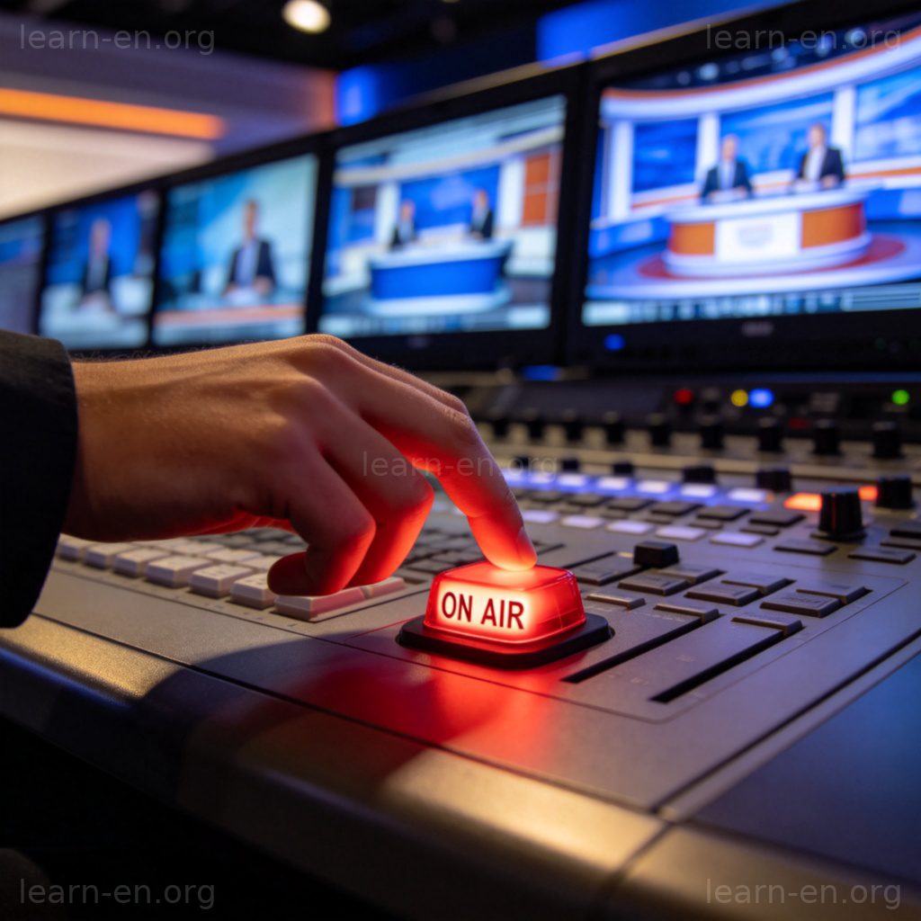 A person working at a TV studio control room, pressing a button labeled 'ON AIR' on a large console. Multiple screens in the background show different camera feeds of a news set. Professional lighting, focused on the hand and the glowing button. No text or logos visible on screens.