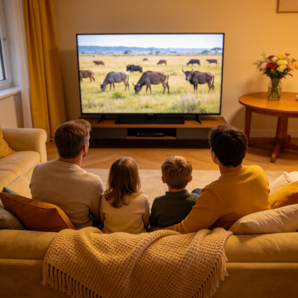 A cozy living room scene, with a family sitting on a sofa watching a nature documentary on a large flat-screen TV. The TV screen clearly shows a scene of animals in the wild. Warm indoor lighting, focused on the family and the TV screen. No text or logos on the TV.