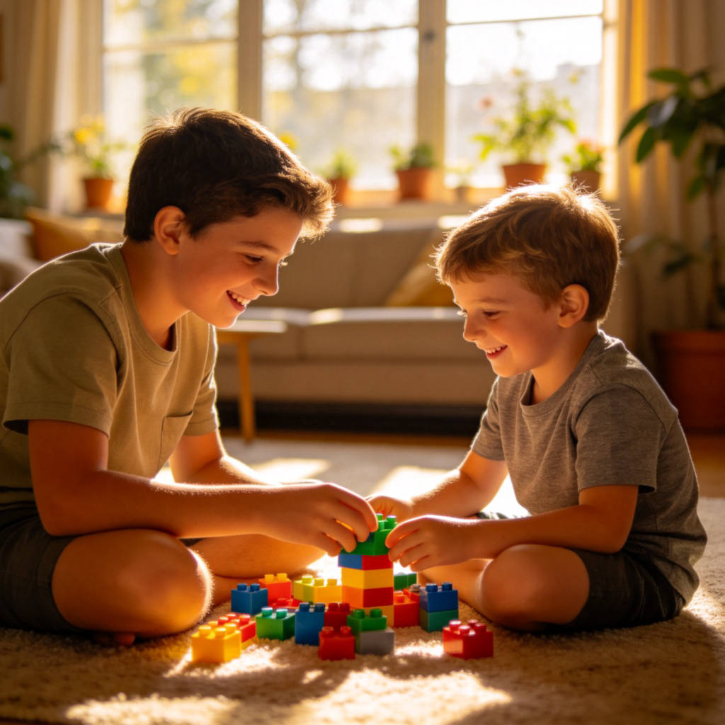 Two young boys, one slightly older, playing together with building blocks in a sunny living room. They are smiling and sharing the toys. The focus is on their interaction and happy expressions. No text.