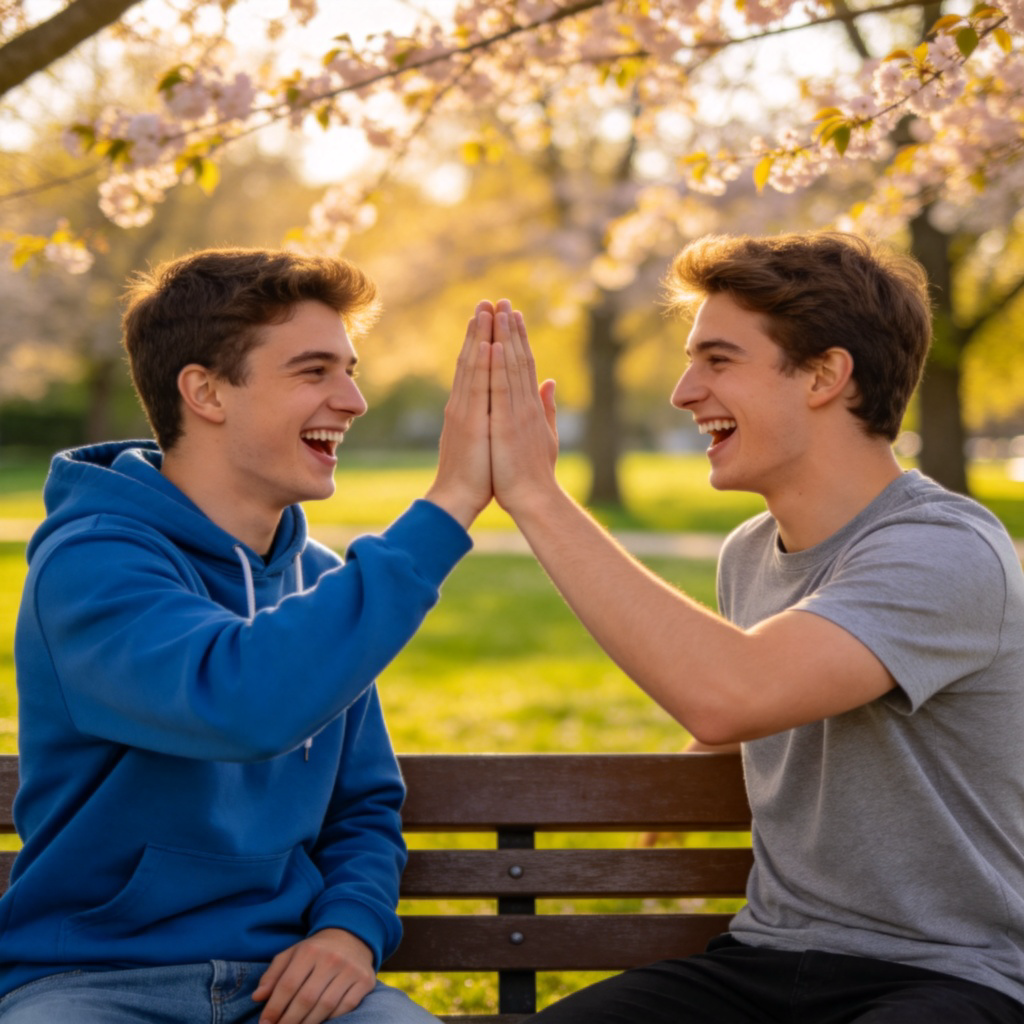 Two young men in casual clothes, giving each other a high-five or a shoulder hug, laughing outdoors in a park. They look very comfortable and happy in each other's company. Natural lighting, focus on their friendship. No text.