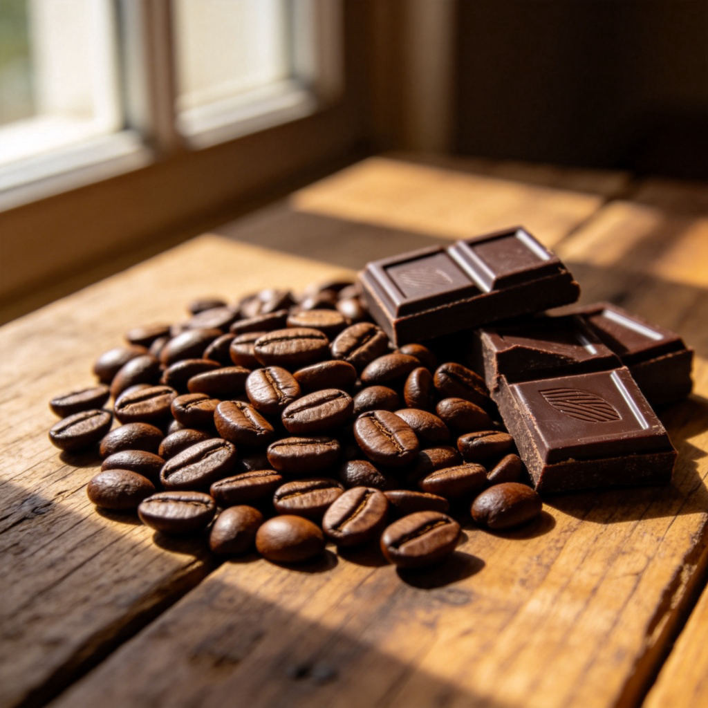 A close-up photo of a collection of roasted coffee beans and pieces of dark chocolate on a rustic wooden table. The focus is on the rich, warm shades of brown in the beans and chocolate, showing different textures. Natural morning light from a window illuminates the scene, creating soft shadows. No text or logos.