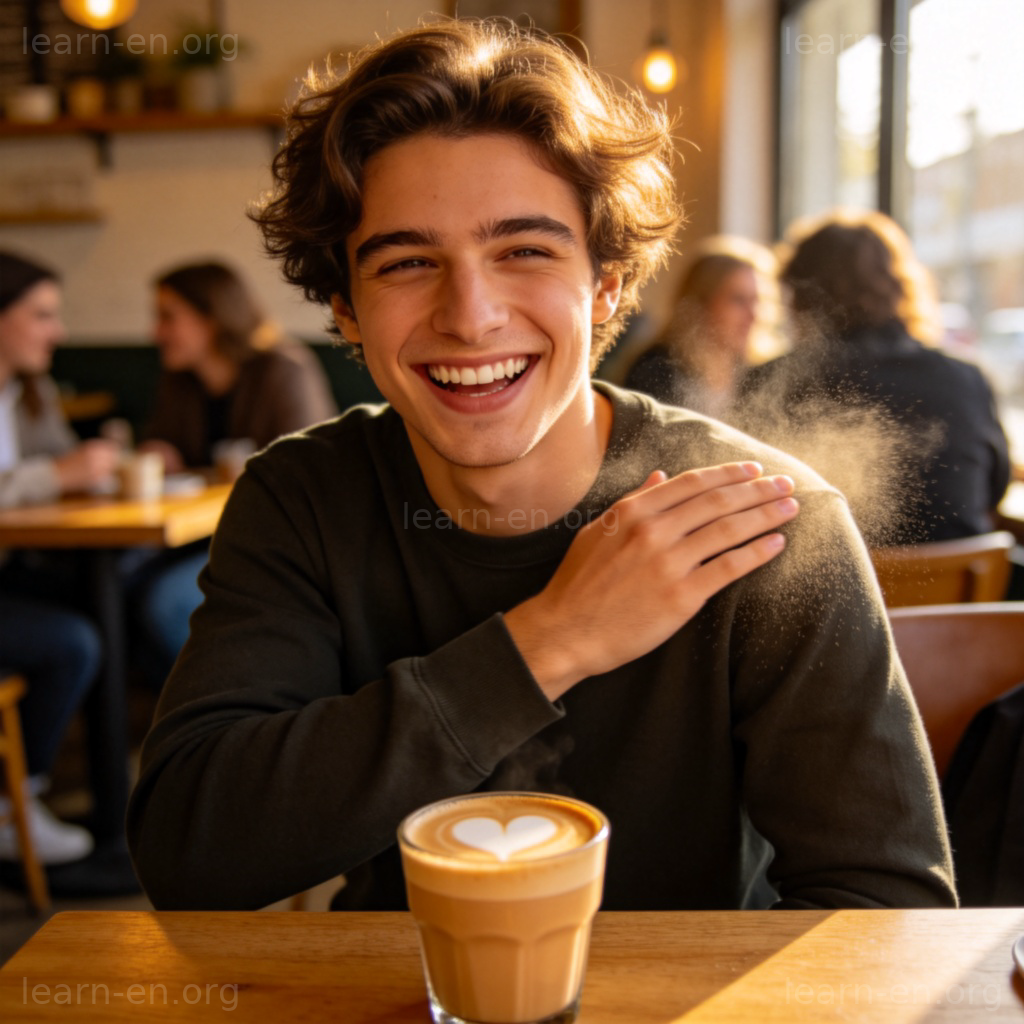 Person brushing off imaginary dust after ignoring criticism in cafe
