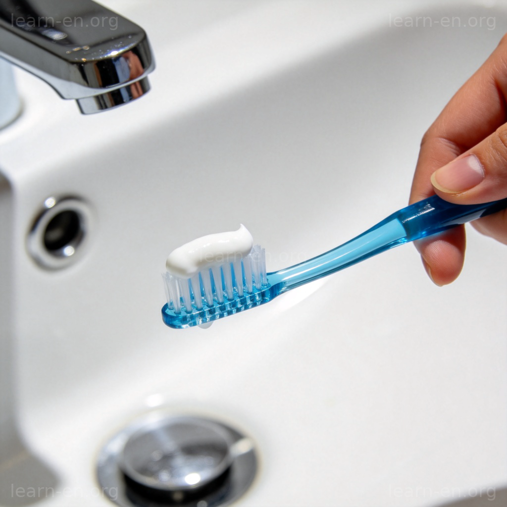 Hand holding a wooden-handled toothbrush with blue bristles