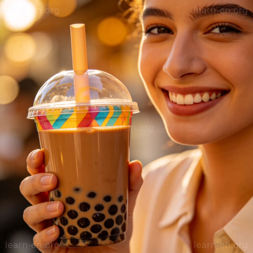Bubble tea cup with thick straw and dark tapioca pearls