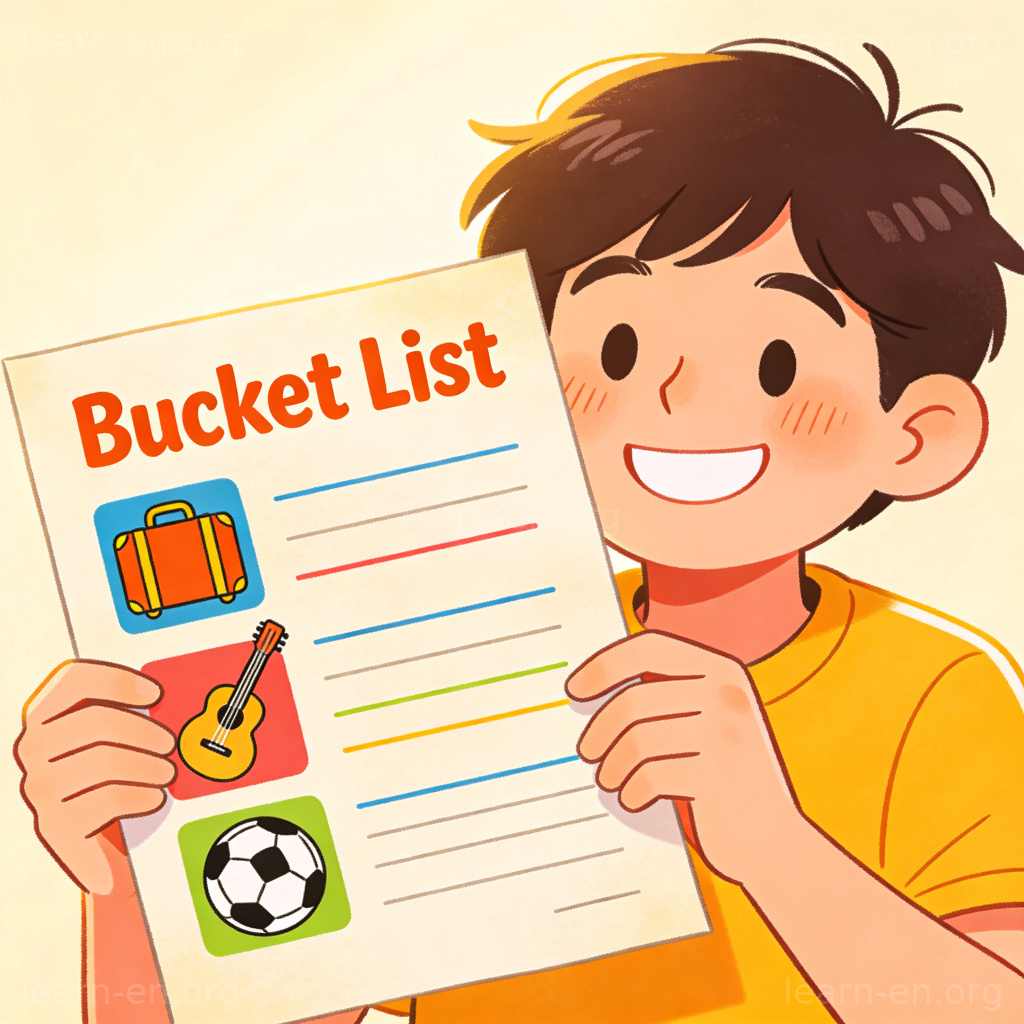 Bucket List 图解：手持多彩遗愿清单的快乐人士，包含旅行音乐运动图标