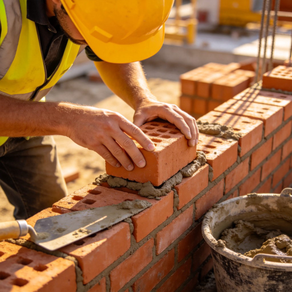 A construction worker in a yellow helmet and safety vest, carefully placing a brick onto a growing wall on a sunny building site. Focus on the hands and the brick, with other building materials like mortar and a trowel nearby. Realistic photo style, clear lighting. No text.