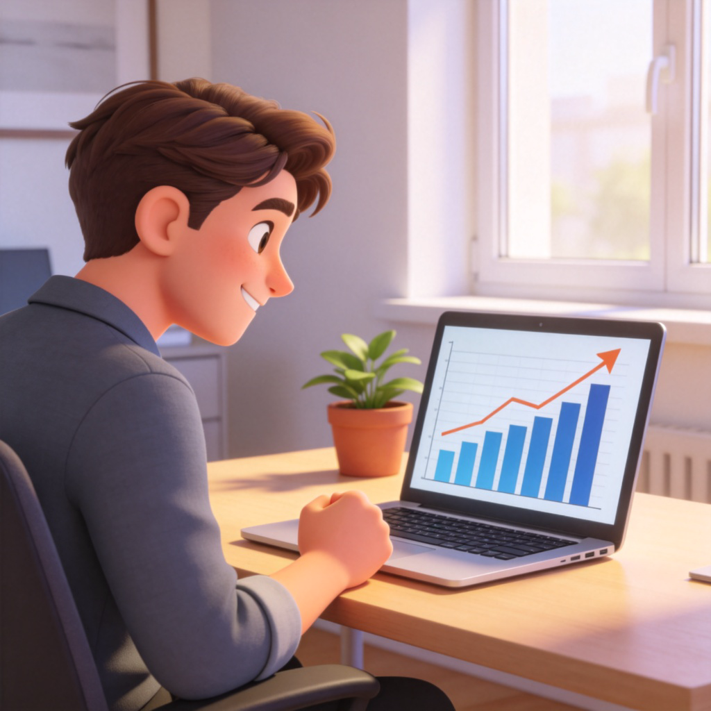 A person looking at a growing bar chart or graph on a laptop screen, showing an upward trend. The person has a satisfied and determined expression, sitting in a modern home office. The scene symbolizes progress and development. Clean, bright, and realistic illustration. No text.
