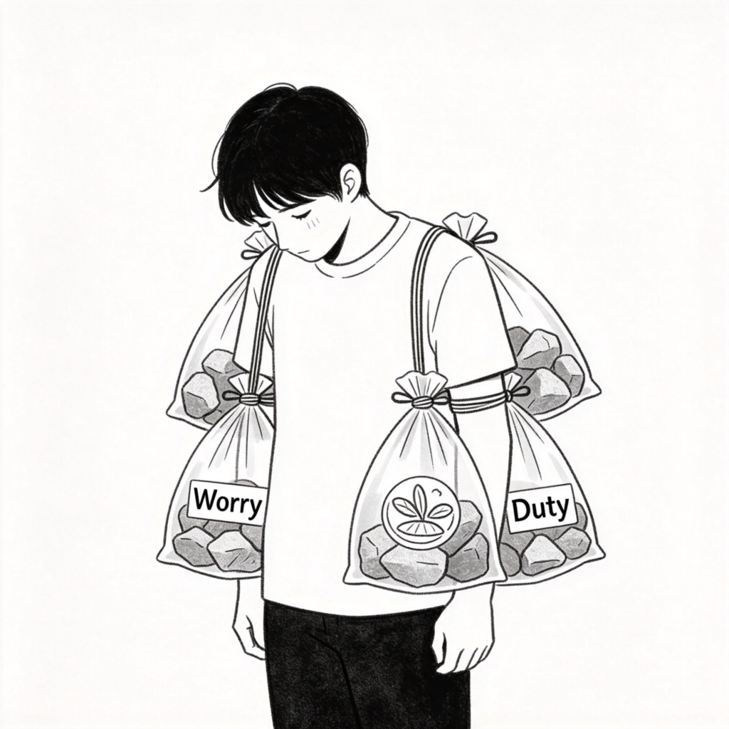 burden 负担含义图解：一人背负着忧虑、工作和责任的重担