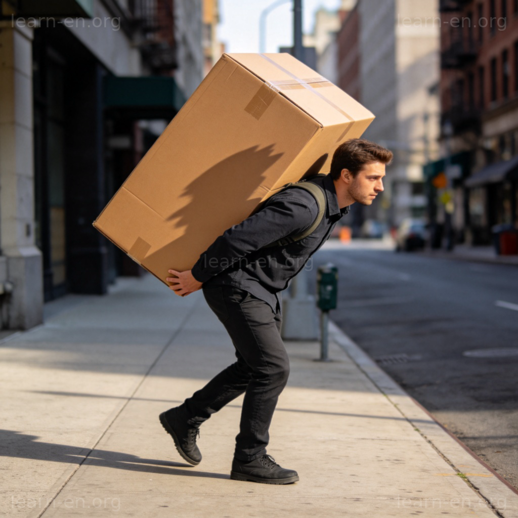 burden 重担含义图解：送货员在城市街道上搬运沉重纸箱
