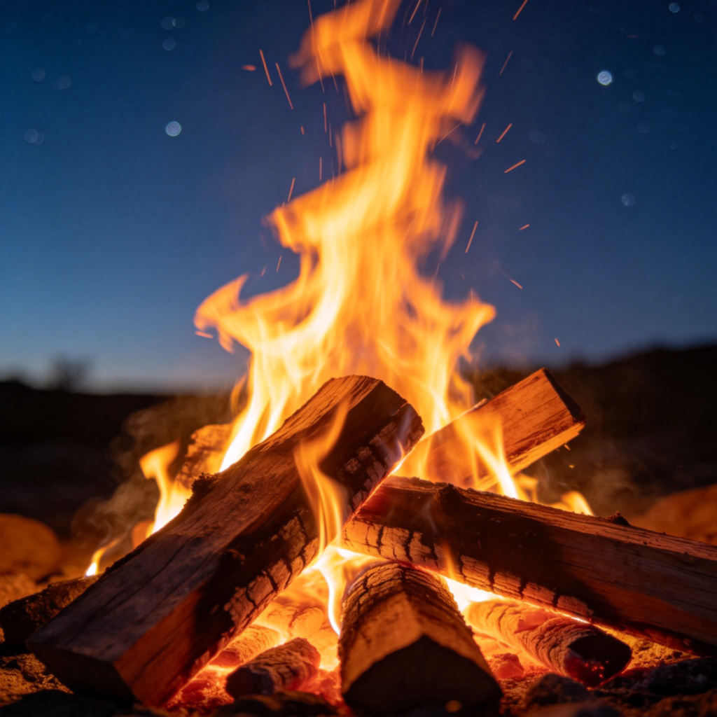 A close-up view of dry wood logs crackling in a campfire, with bright orange and yellow flames leaping upward. Nighttime setting, clear sky with a few stars. Focus on the glowing embers and dancing fire. No people, just the fire. Realistic photography style.