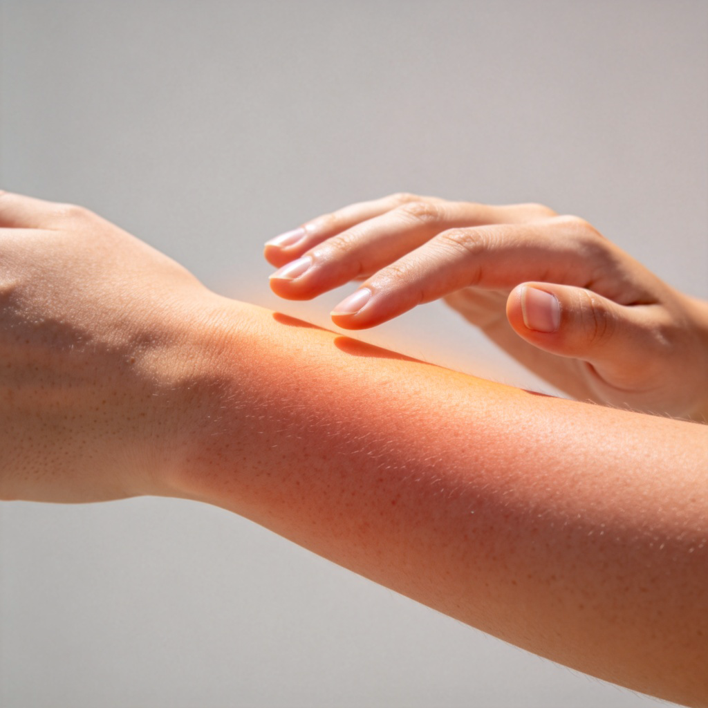 A close-up side view of a person's slightly reddened forearm, with their other hand cautiously hovering an inch above the skin, as if feeling the heat radiating from a mild sunburn. Soft daylight, plain background. Emphasis on the skin texture and the implied sensation of heat. Realistic style.