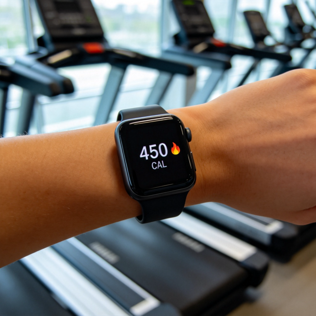 A fitness tracker watch screen in close-up, clearly showing a number like '450 CAL' with a small flame icon next to it, indicating calories burned. The watch is on a person's wrist, with a blurred background of a gym treadmill. Clean, modern, digital aesthetic. No text besides the numbers and icons on the screen.