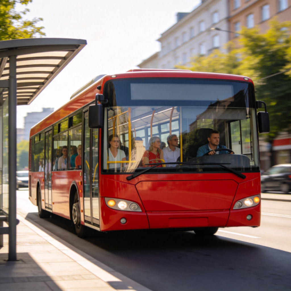 A bright red, modern public bus in motion on a clean city street during daytime. The bus has large windows through which diverse passengers are visible. It is approaching a clearly marked bus stop with a shelter. The vehicle is the central focus, with soft-focus buildings and trees in the background. Photorealistic style, sunny lighting, no text, logos, or other vehicles blocking the view.