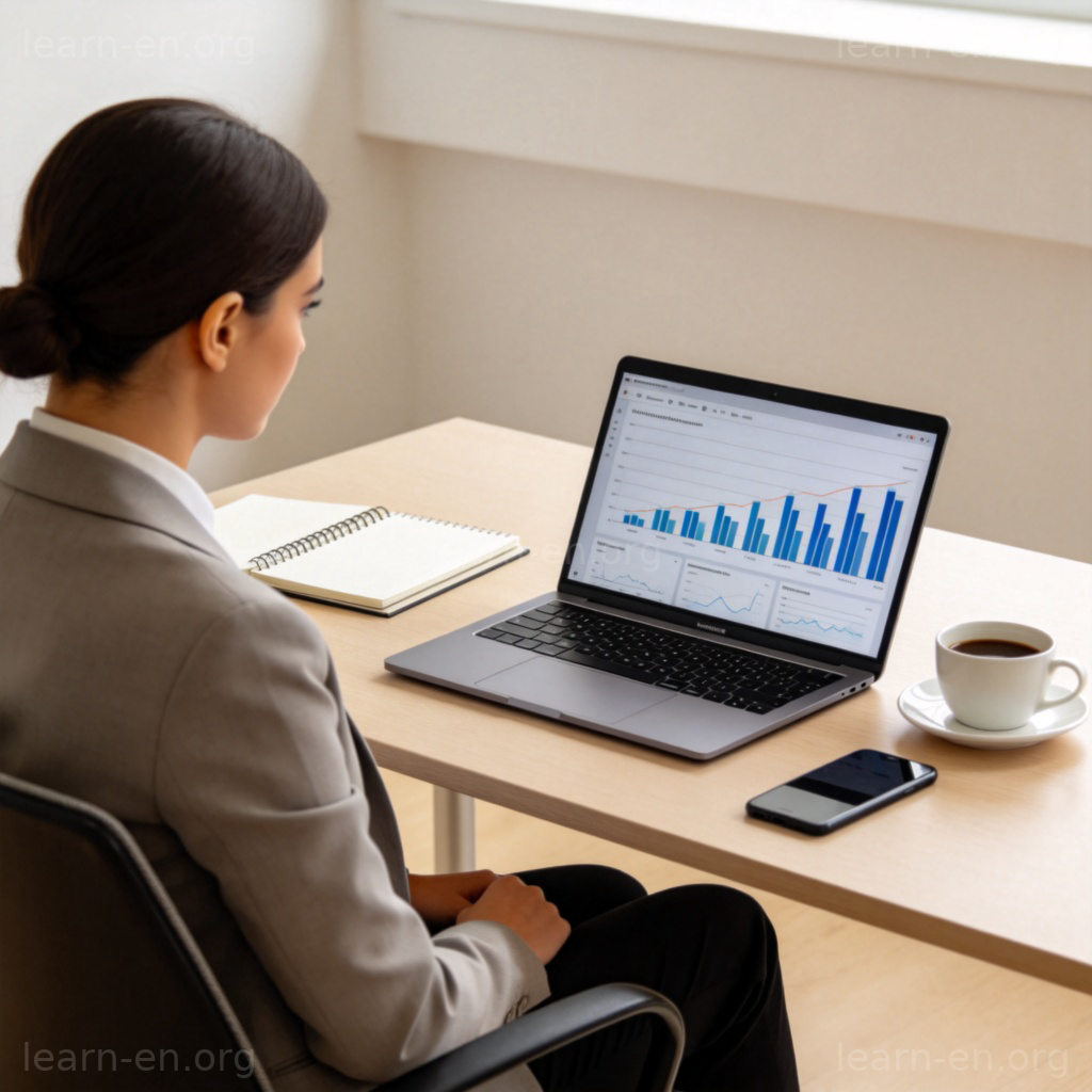 Business meaning illustrated: professional in an office analyzing data on a laptop.