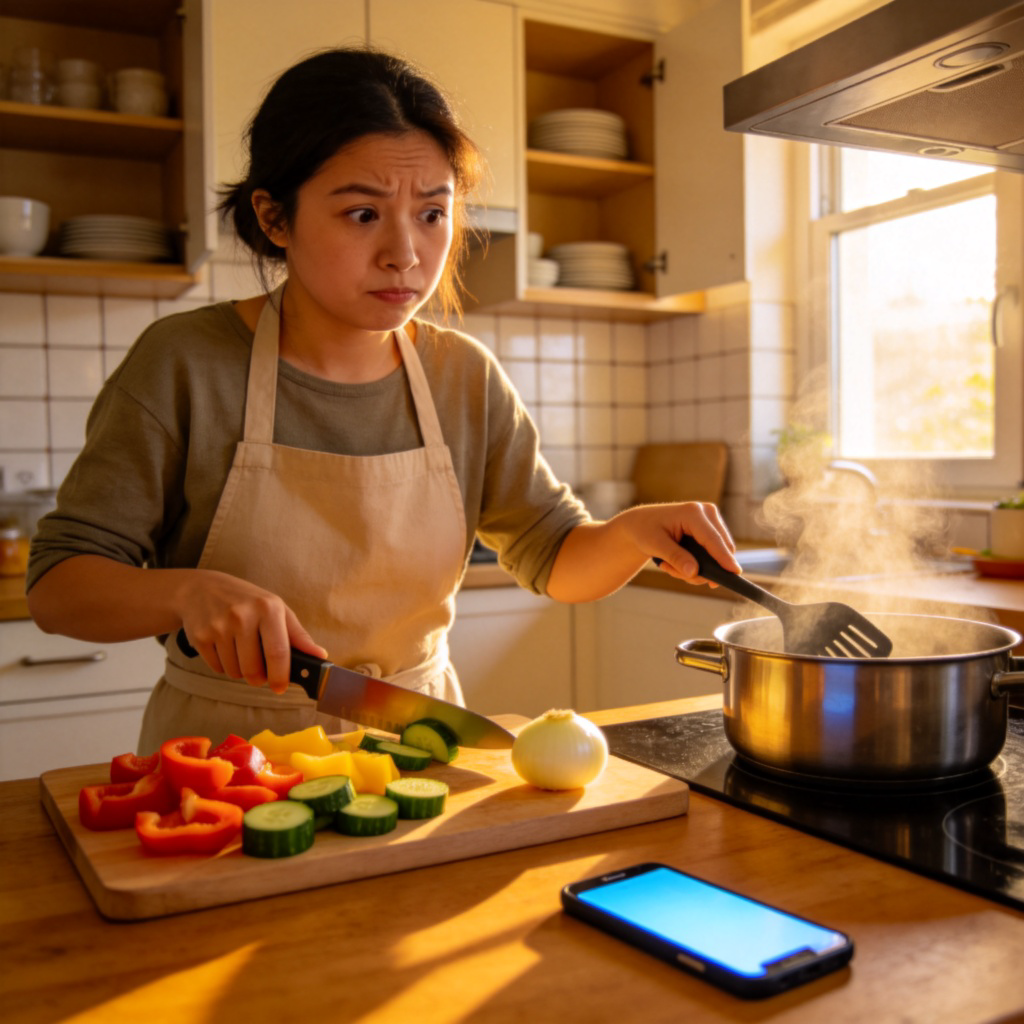 A person, perhaps a parent, in a home kitchen looking slightly overwhelmed but active. They are simultaneously chopping vegetables on a cutting board, checking a pot on the stove, and a smartphone is lit up nearby. The scene is warm, realistic, and focused on the person's multitasking actions. No text.