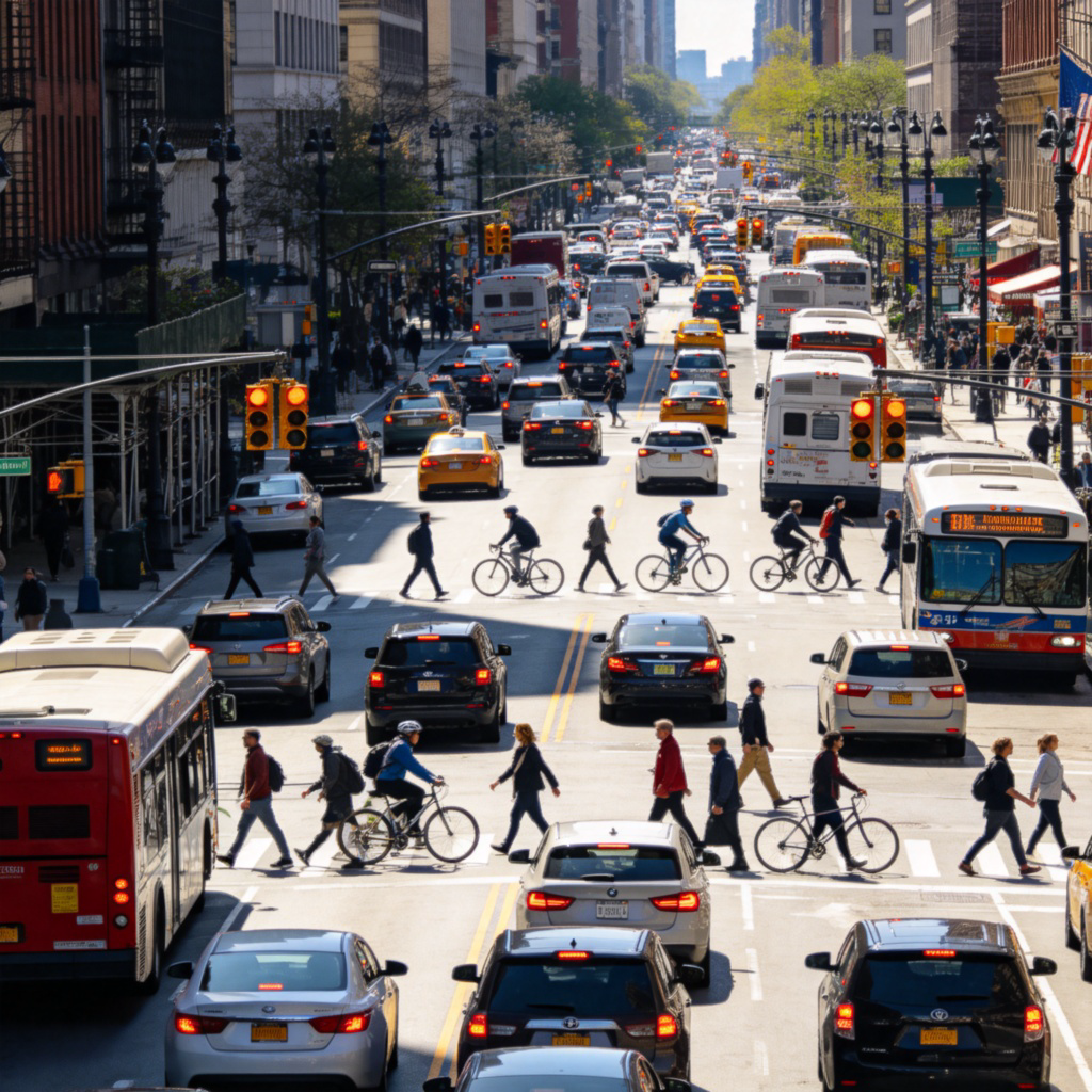 A wide-angle view of a bustling urban street intersection during daytime. Cars, buses, and bicycles fill the roads, and many pedestrians are crossing or walking on the sidewalks. Traffic lights are visible. The atmosphere is energetic and lively, showing a typical busy city scene. No text.