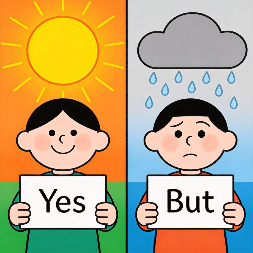A split-screen illustration: on the left side, a smiling person holds a 'Yes' sign under a bright sun; on the right side, the same person holds a 'But' sign under a cloudy sky with a light rain. The two scenes show a clear contrast in mood and situation, using simple cartoon style with vibrant colors. No text or numbers are visible, focusing on the visual shift from positive to hesitant.