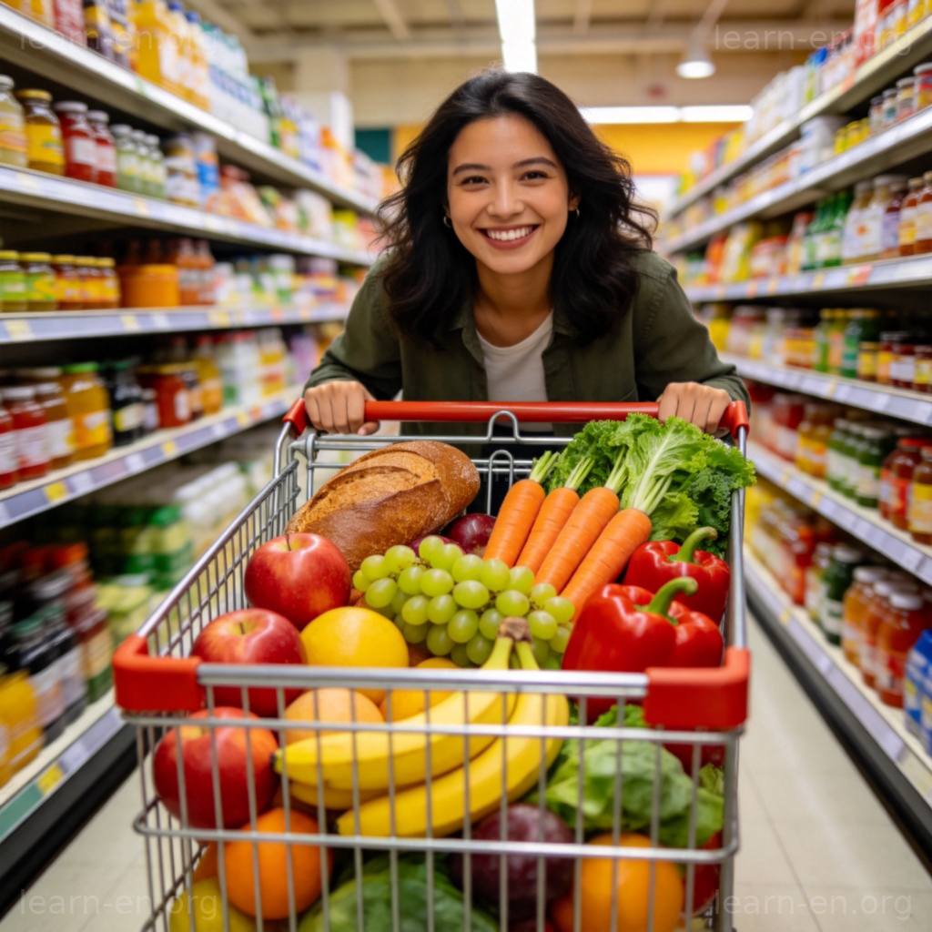 Buy groceries 图解：顾客在超市推购物车选购蔬果面包