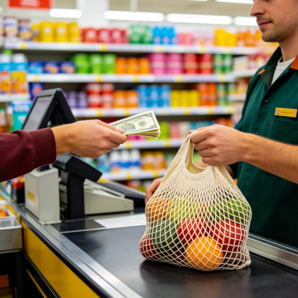 A person at a supermarket checkout, handing paper money to a cashier. In their other hand, they hold a reusable shopping bag with some grocery items visible inside. The background shows shelves with colorful products. Bright, clear lighting. No text.