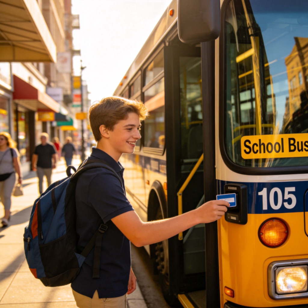 A young student swiping a transit card to board a city bus, smiling. The bus is clearly labeled "School Bus" or has a route number. Bright daytime, street scene in the background, focus on the action of boarding. No text in the image.