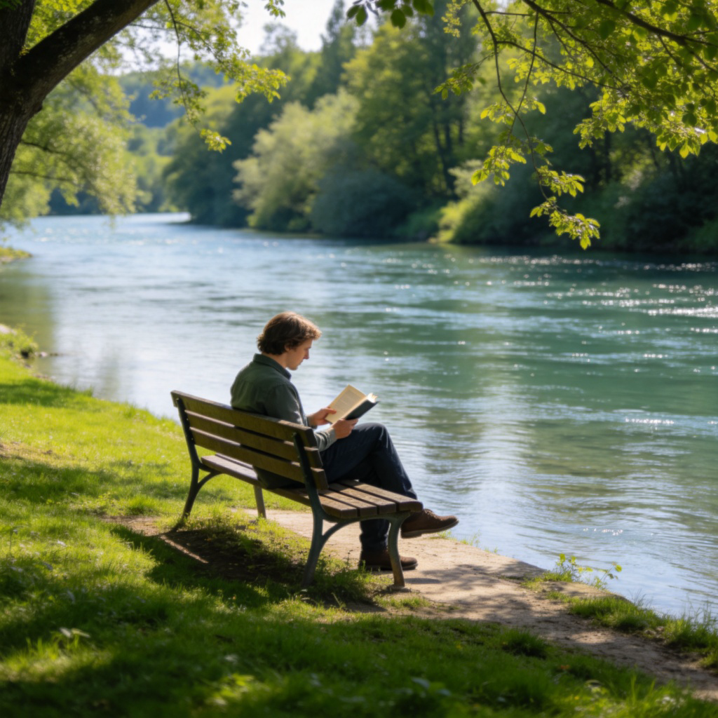 A person sitting on a park bench right next to a calm river, reading a book. The bench touches the riverbank. Lush green grass and trees in the background, peaceful daytime. The focus is on the person's proximity to the water. No text.