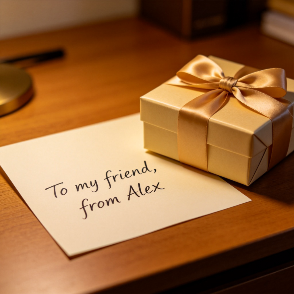 A close-up of a handwritten note on a desk that reads "To my friend, from Alex". Next to it is a neatly wrapped gift with a bow. Soft indoor lighting, focus on the handwritten words "from Alex" which indicates the creator/giver. No other text.