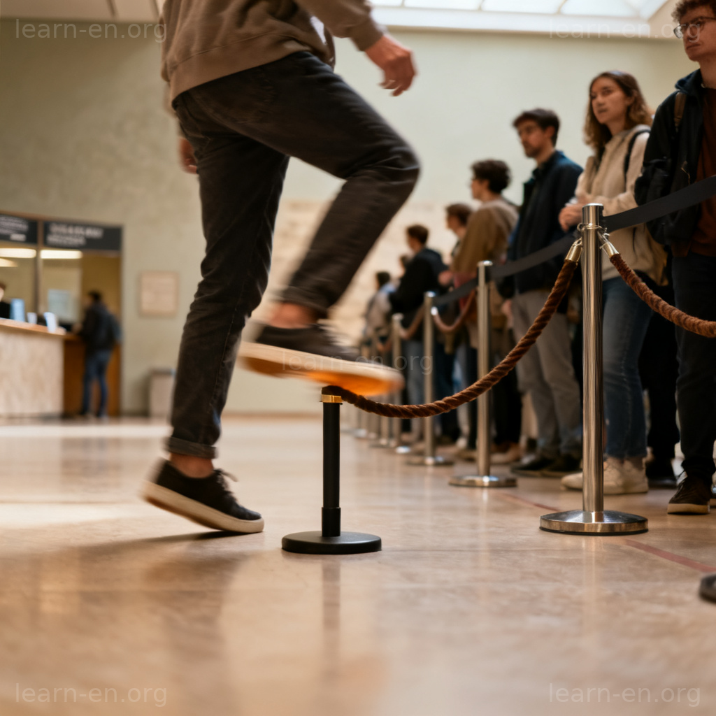 Person bypassing a queue rope barrier to avoid waiting in line.