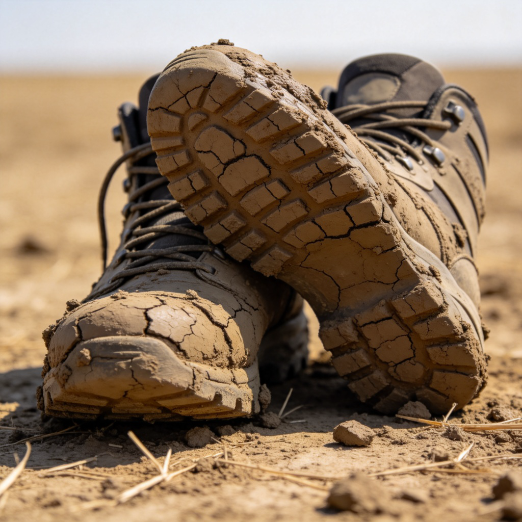 cake 结块含义图解：鞋底干涸结块的泥土特写